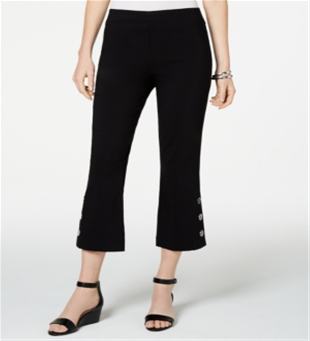 Calça flare feminina JM Collection com acabamento em botões e corte curto, preta, tamanho pequeno G