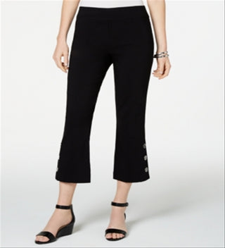 Calça flare feminina JM Collection com acabamento em botões e corte curto, preta, tamanho pequeno G