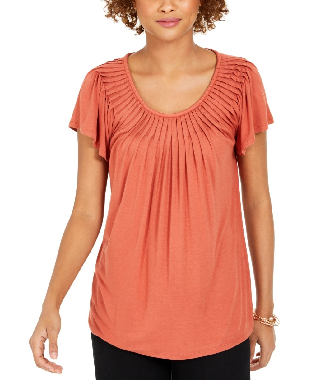 Blusa feminina estilo &amp; co, gola plissada, mangas bufantes, marrom, tamanho extrapequeno