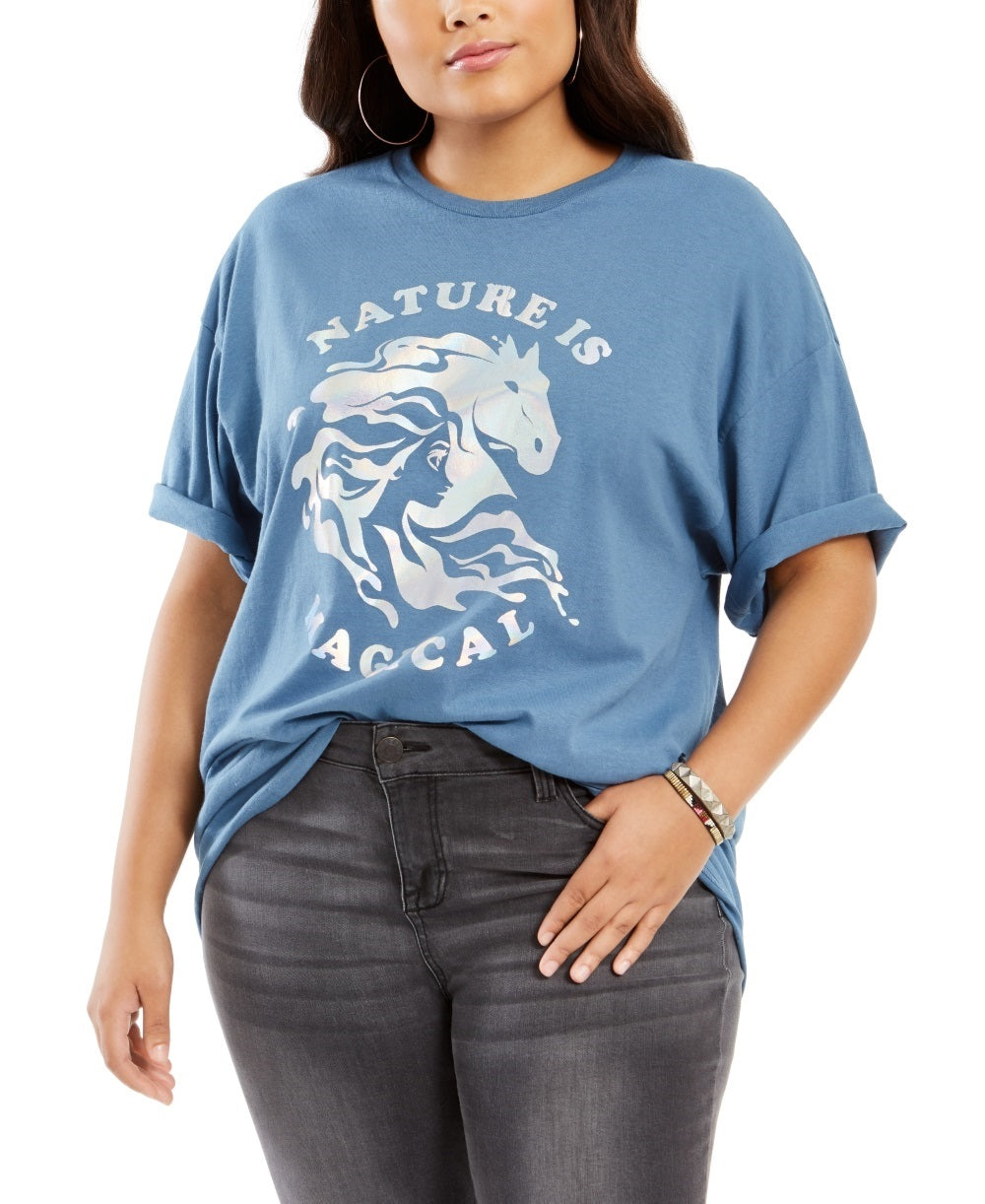 Camiseta feminina plus size de algodão da Mighty Fine, estilo boyfriend, azul, tamanho 3X