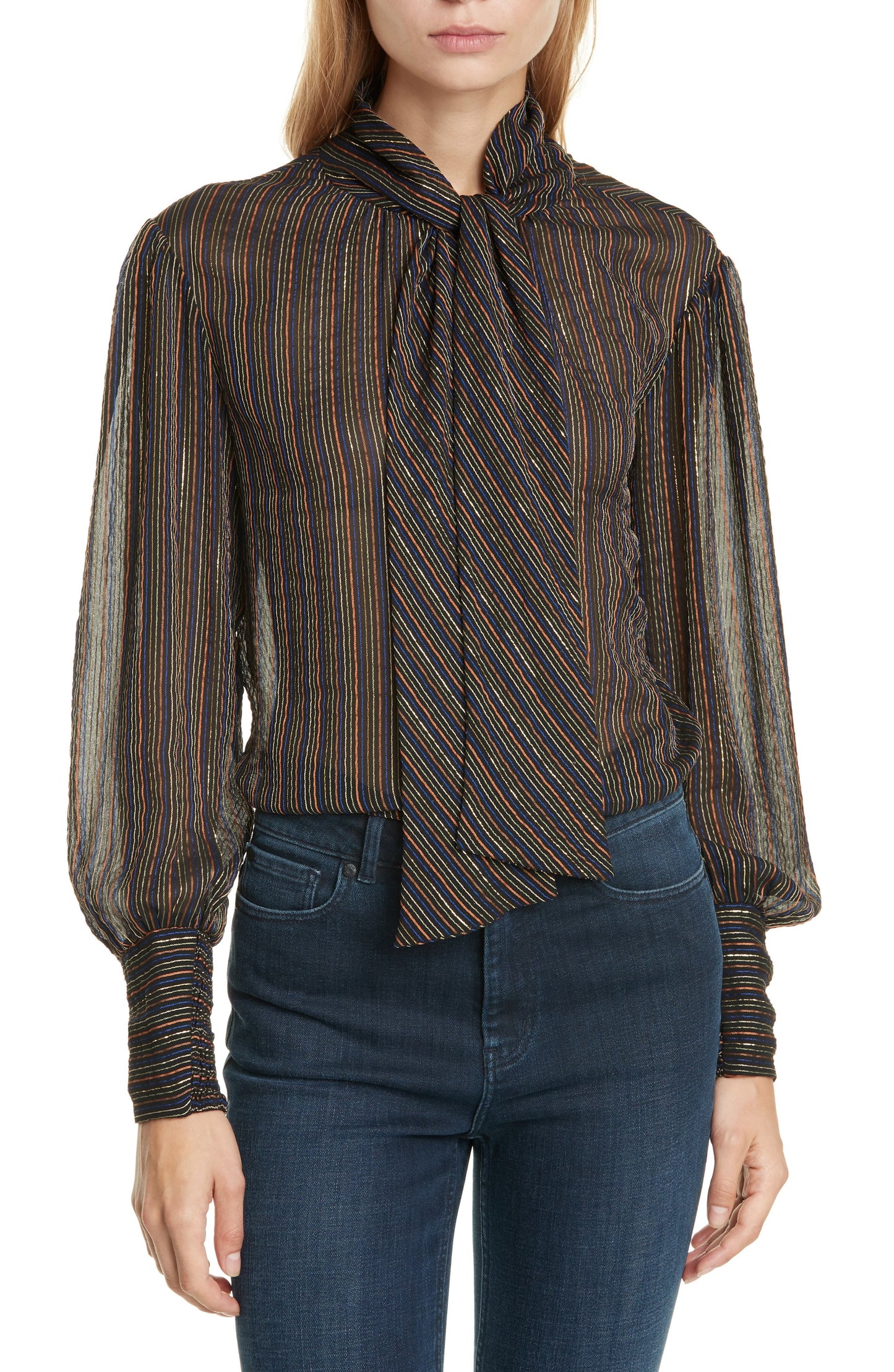 Blusa listrada de lurex manga longa Taylor Rebecca feminina, cor carvão, tamanho 4