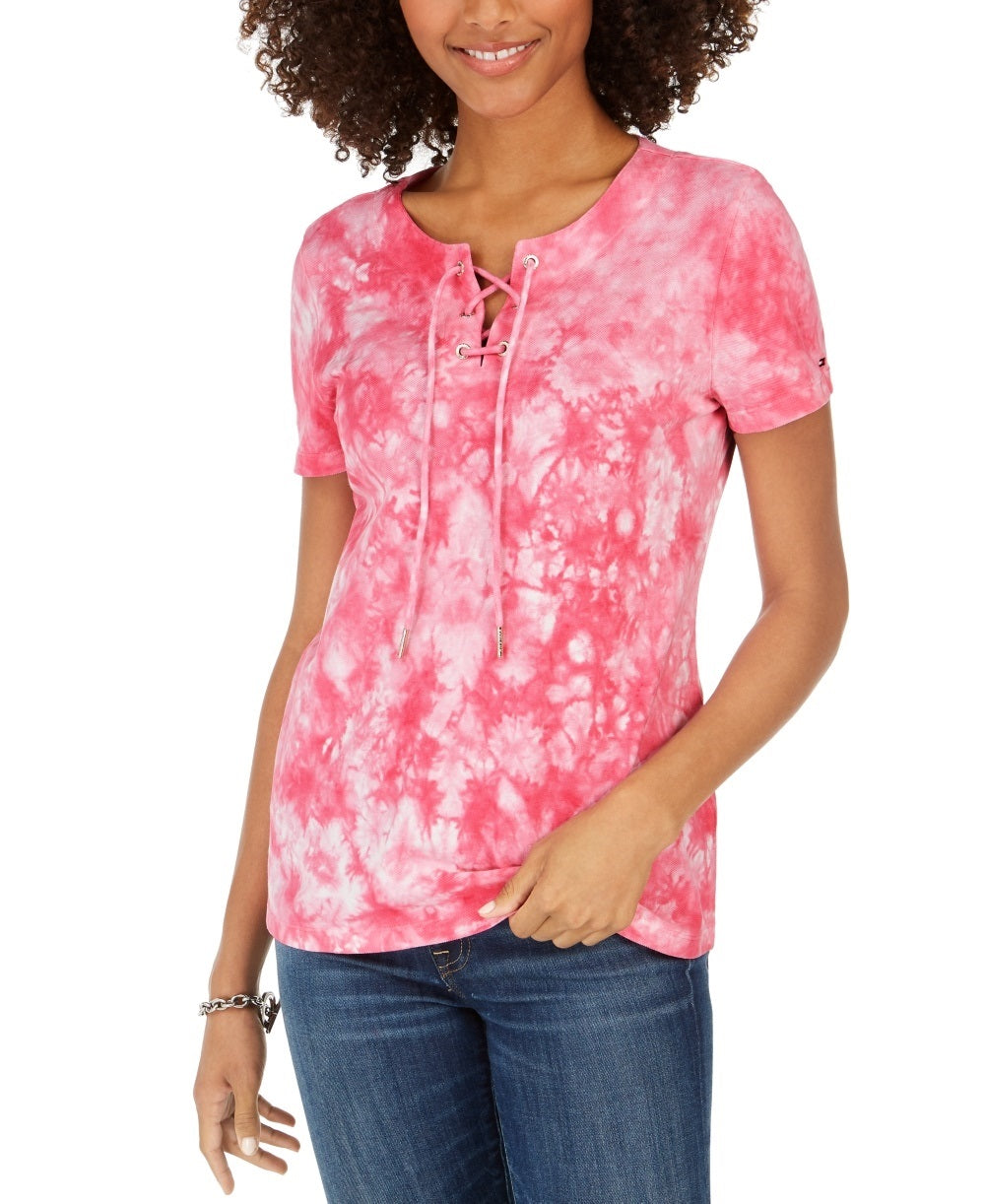 Camiseta Tommy Hilfiger Feminina de Algodão com Cadarço e Tie-Dynamic Rosa Tamanho X-G
