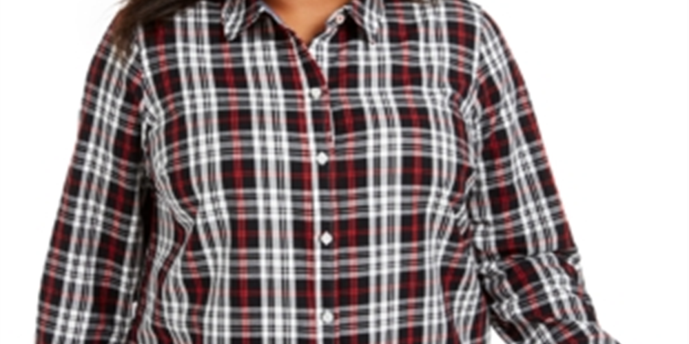 Camisa xadrez de algodão Ilanna Plus para mulheres Charter Club, preta, tamanho GG