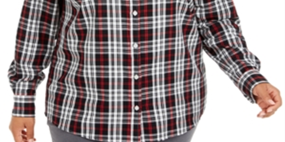 Camisa xadrez de algodão Ilanna Plus para mulheres Charter Club, preta, tamanho GG