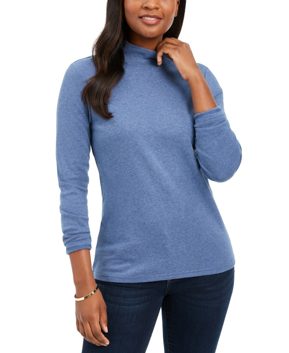 Blusa de gola alta de algodão Karen Scott feminina, azul, tamanho X-G