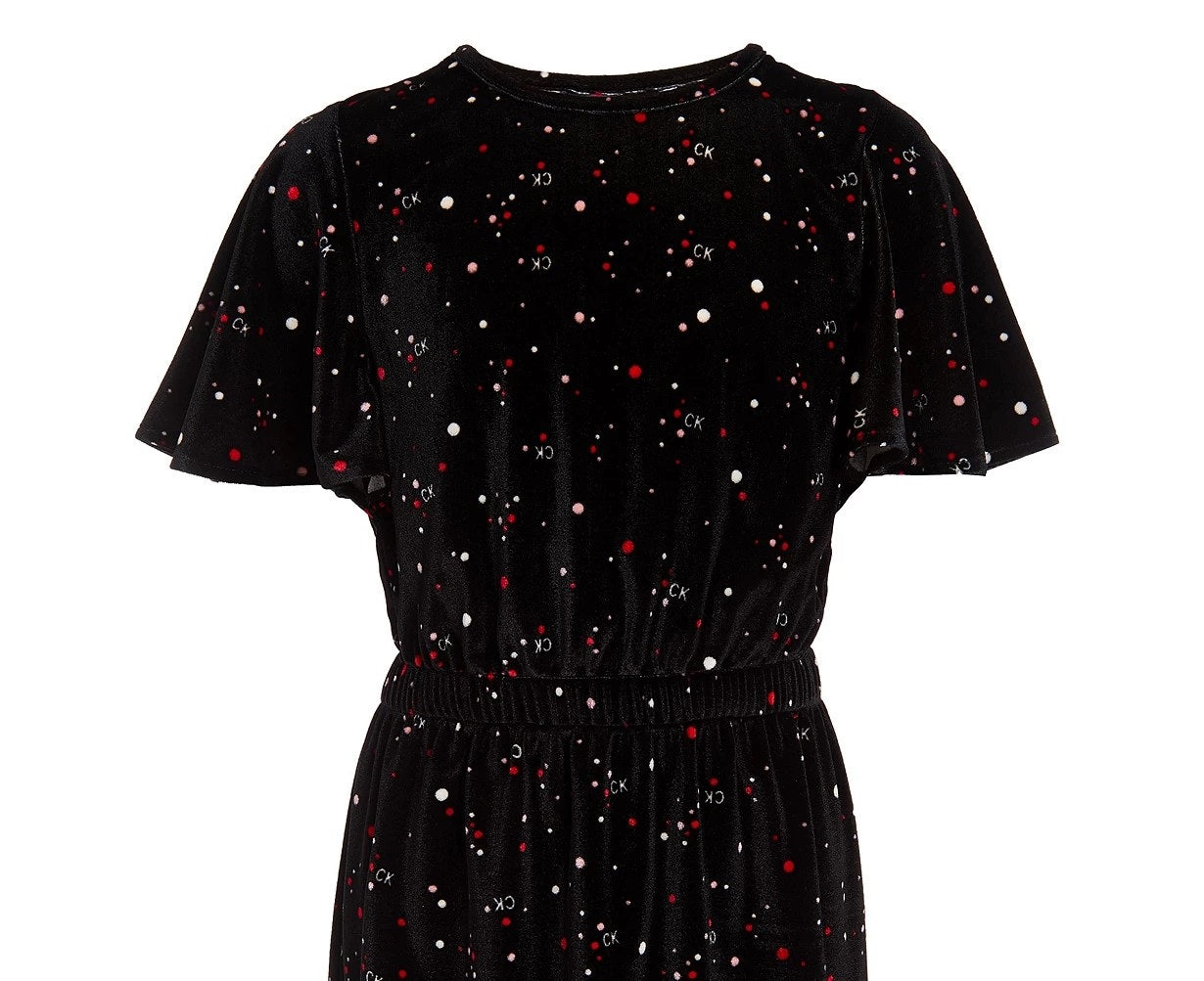 Vestido Calvin Klein Big Girls Velour com mangas esvoaçantes, preto, tamanho 12-14