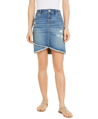 INC International Concepts Women's Destructed Fray-Trim Crossover-Hem Denim Skirt Blue Size 10
