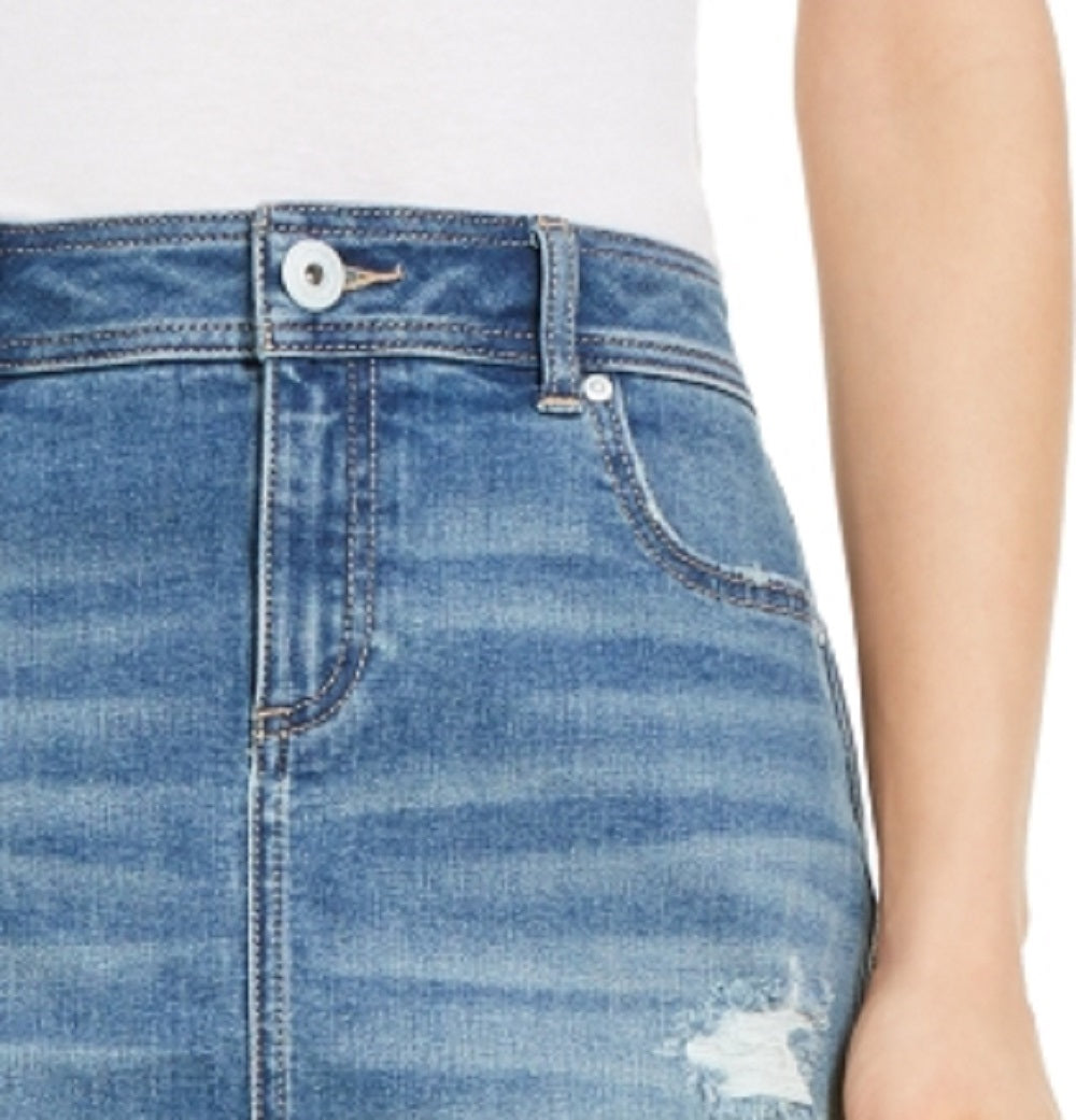 Saia jeans feminina com bainha cruzada e acabamento desfiado, da INC International Concepts, azul, tamanho 10