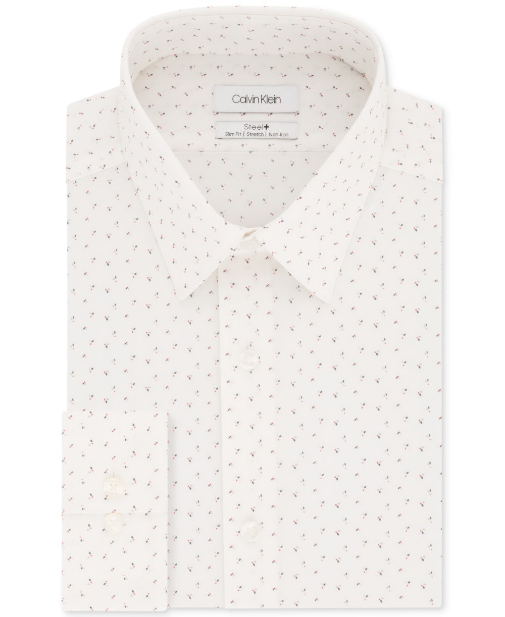 Camisa social Calvin Klein masculina Steel Slim-Fit, sem necessidade de passar, com elástico, estampa branca, vermelha, tamanho 14,5 x 32-33