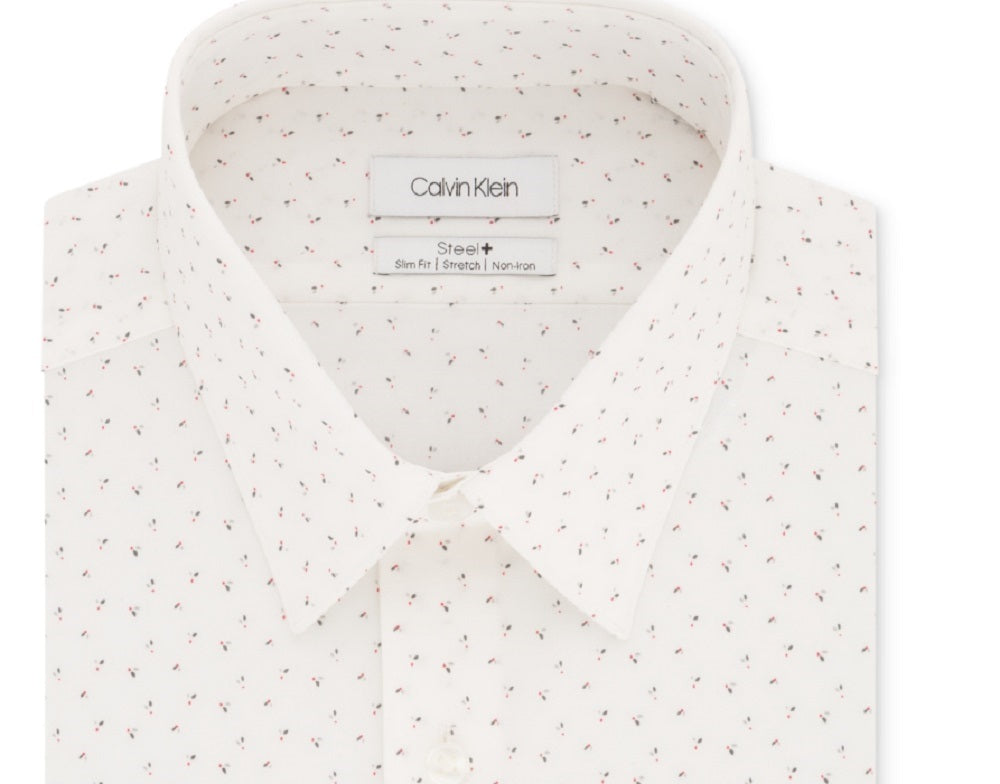 Camisa social Calvin Klein masculina Steel Slim-Fit, sem necessidade de passar, com elástico, estampa branca, vermelha, tamanho 14,5 x 32-33