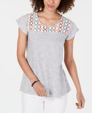 Blusa listrada de crochê de algodão estilo &amp; co feminina, branca, tamanho pequeno