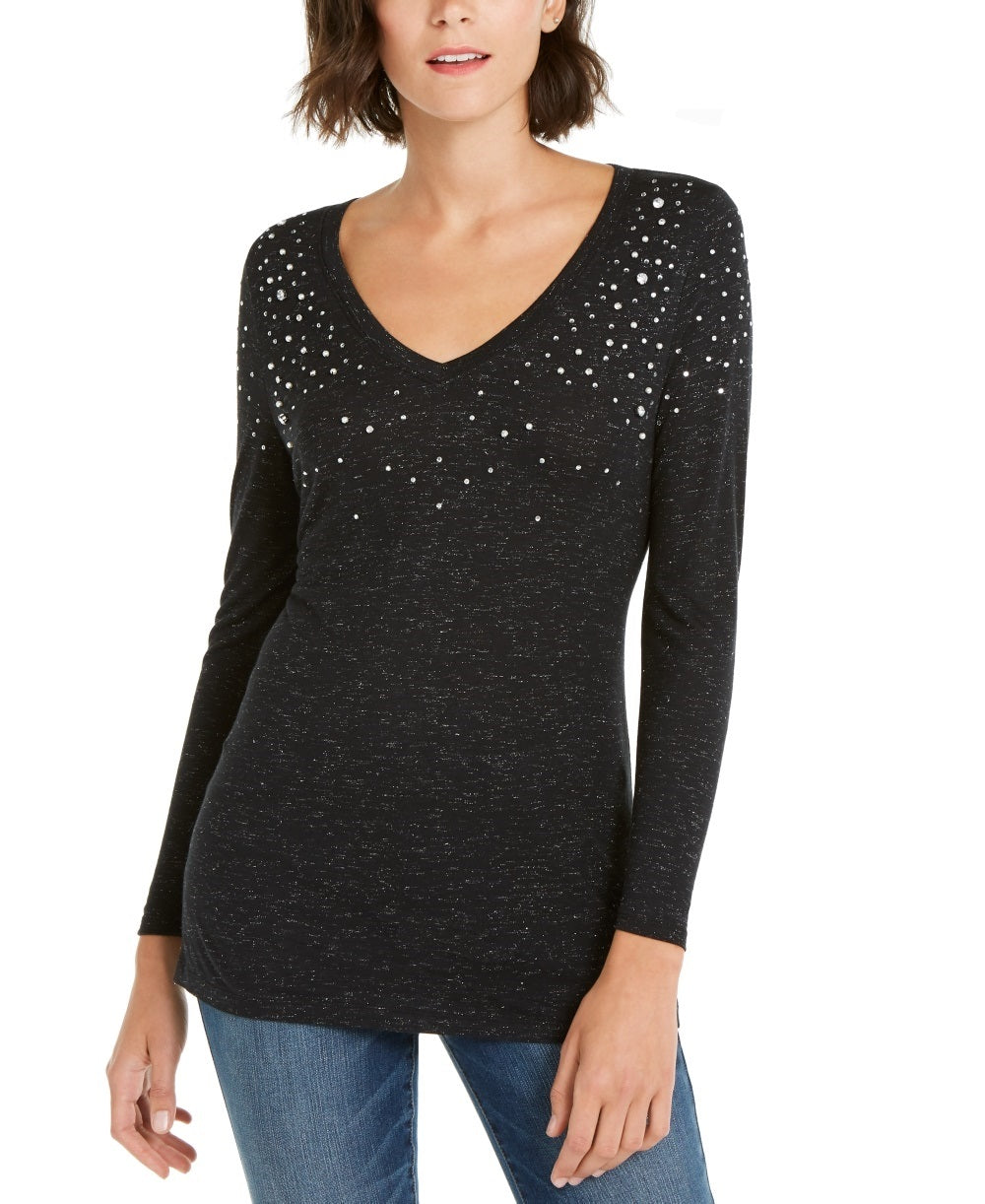INC International Concepts Top feminino com decote em V e detalhes brilhantes, preto, tamanho X-S