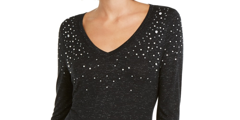 INC International Concepts Top feminino com decote em V e detalhes brilhantes, preto, tamanho X-S