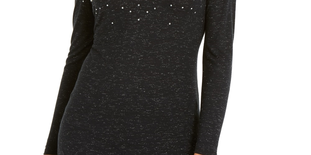 INC International Concepts Top feminino com decote em V e detalhes brilhantes, preto, tamanho X-S