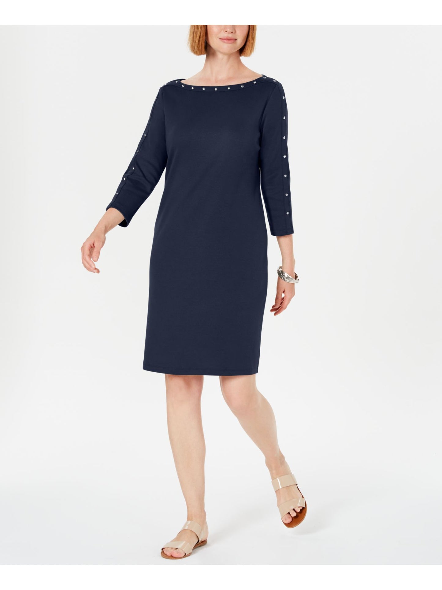 Vestido feminino Karen Scott com decote canoa e tachas, azul, tamanho pequeno G