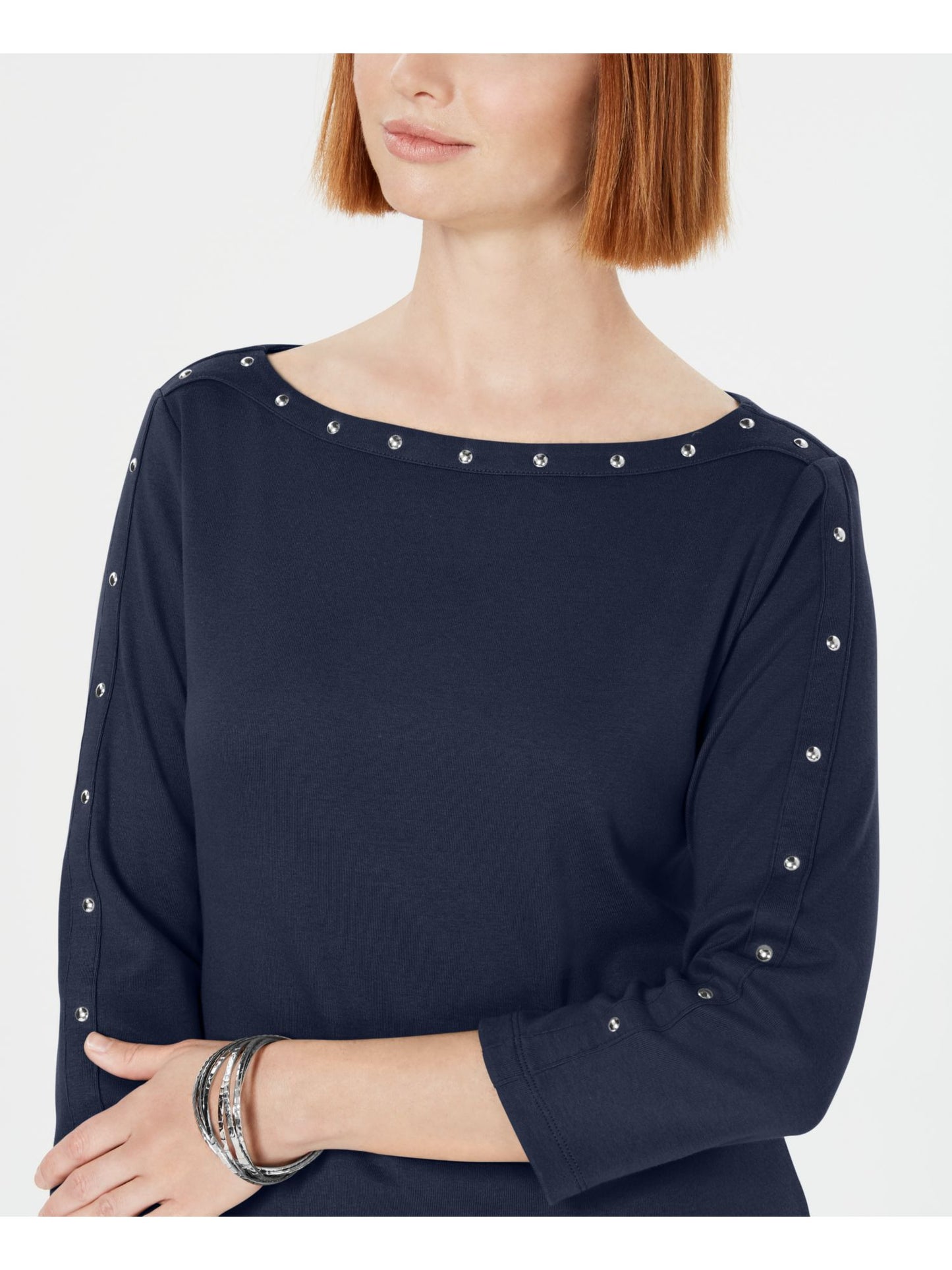 Vestido feminino Karen Scott com decote canoa e tachas, azul, tamanho pequeno G