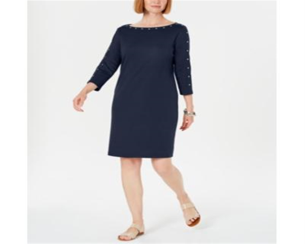 Vestido feminino Karen Scott com decote canoa e tachas, azul, tamanho pequeno G