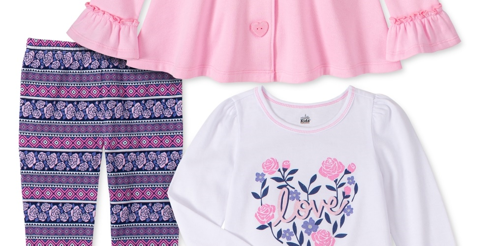 Conjunto infantil Headquarters para meninas, 3 peças, jaqueta de lã, top e leggings estampados, tamanhos variados, 2T