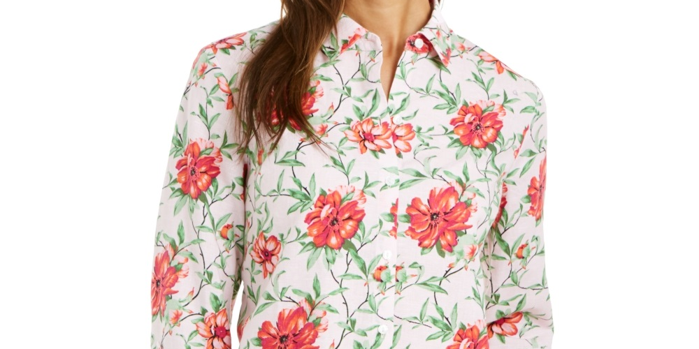 Charter Club Blusa feminina com estampa frontal de botões e mangas bufantes, tamanho pequeno, rosa