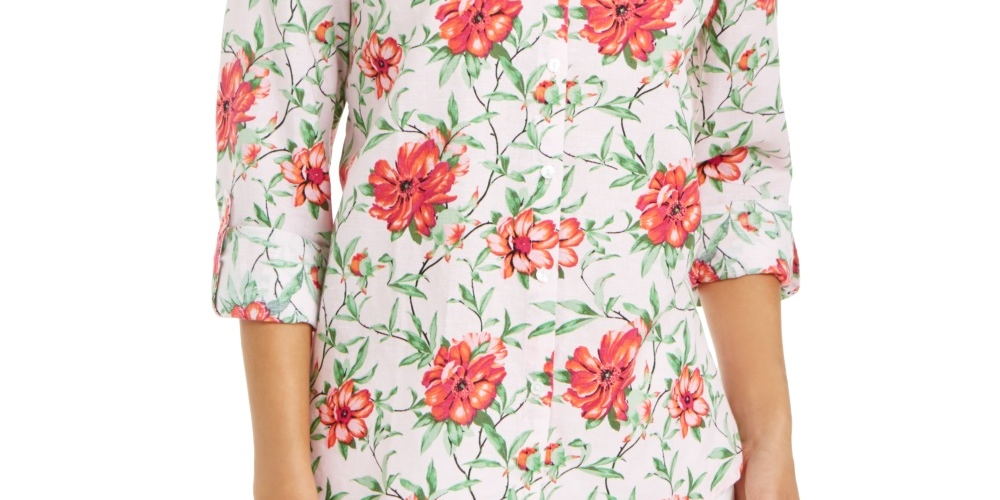 Charter Club Blusa feminina com estampa frontal de botões e mangas bufantes, tamanho pequeno, rosa