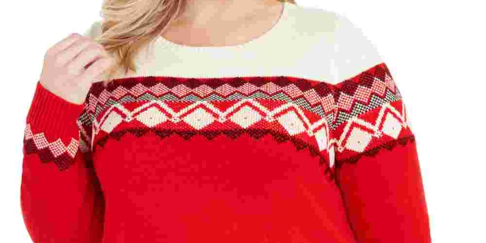 Blusa feminina estampada de manga comprida com gola joia, tamanho 1X, vermelha