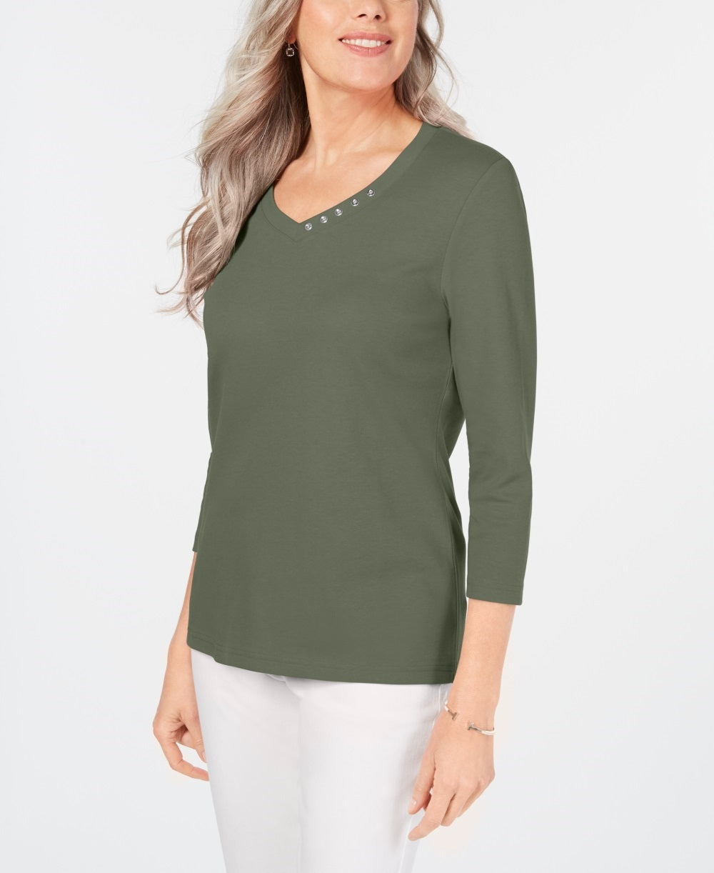 Blusa feminina Karen Scott de algodão com decote em V e acabamento em botões, verde, tamanho pequeno