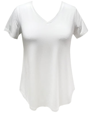 Camiseta feminina com decote em V da coleção JM, branca, tamanho pequeno