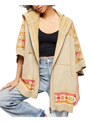 Suéter PONCHO com capuz e manga 3/4 feminino Free People, marrom, tamanho X-S