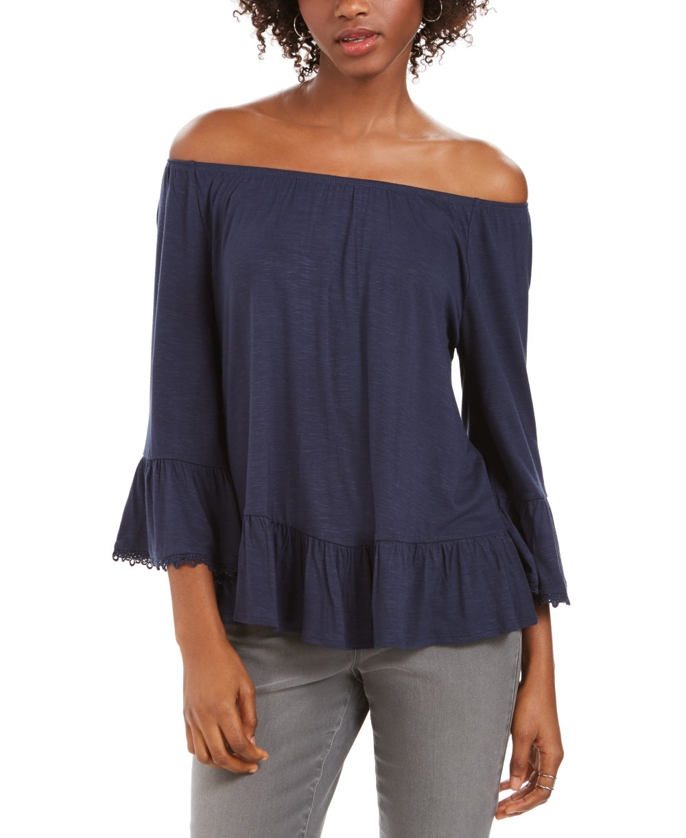 Blusa feminina estilo &amp; co com ombro de fora e manga sino, azul, tamanho GG