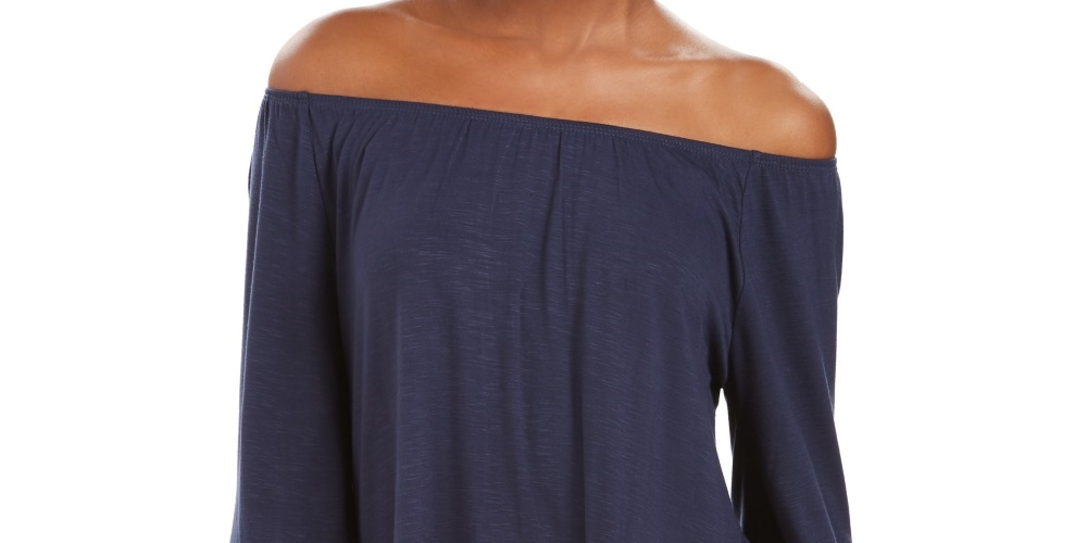 Blusa feminina estilo &amp; co com ombro de fora e manga sino, azul, tamanho GG