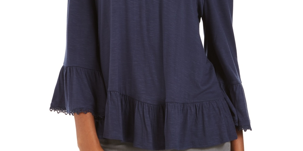 Blusa feminina estilo &amp; co com ombro de fora e manga sino, azul, tamanho GG