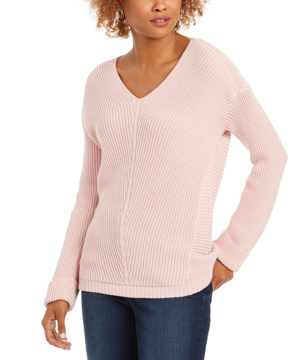 Suéter feminino de algodão texturizado com decote em V, tamanho XX-G, rosa, Charter Club