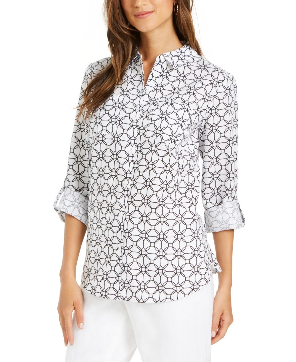 Camisa feminina Charter Club com mangas curtas e estampadas, tamanho X-G, branca