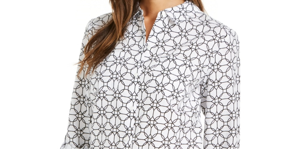 Camisa feminina Charter Club com mangas curtas e estampadas, tamanho X-G, branca