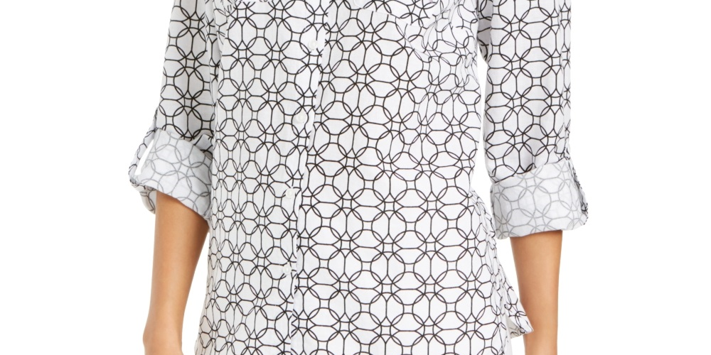 Camisa feminina Charter Club com mangas curtas e estampadas, tamanho X-G, branca