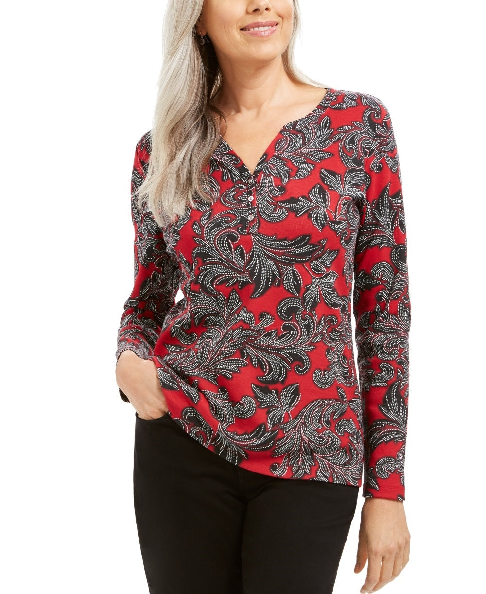 Karen Scott Top Henley Feminino Bolinhas Vermelhas Tamanho P