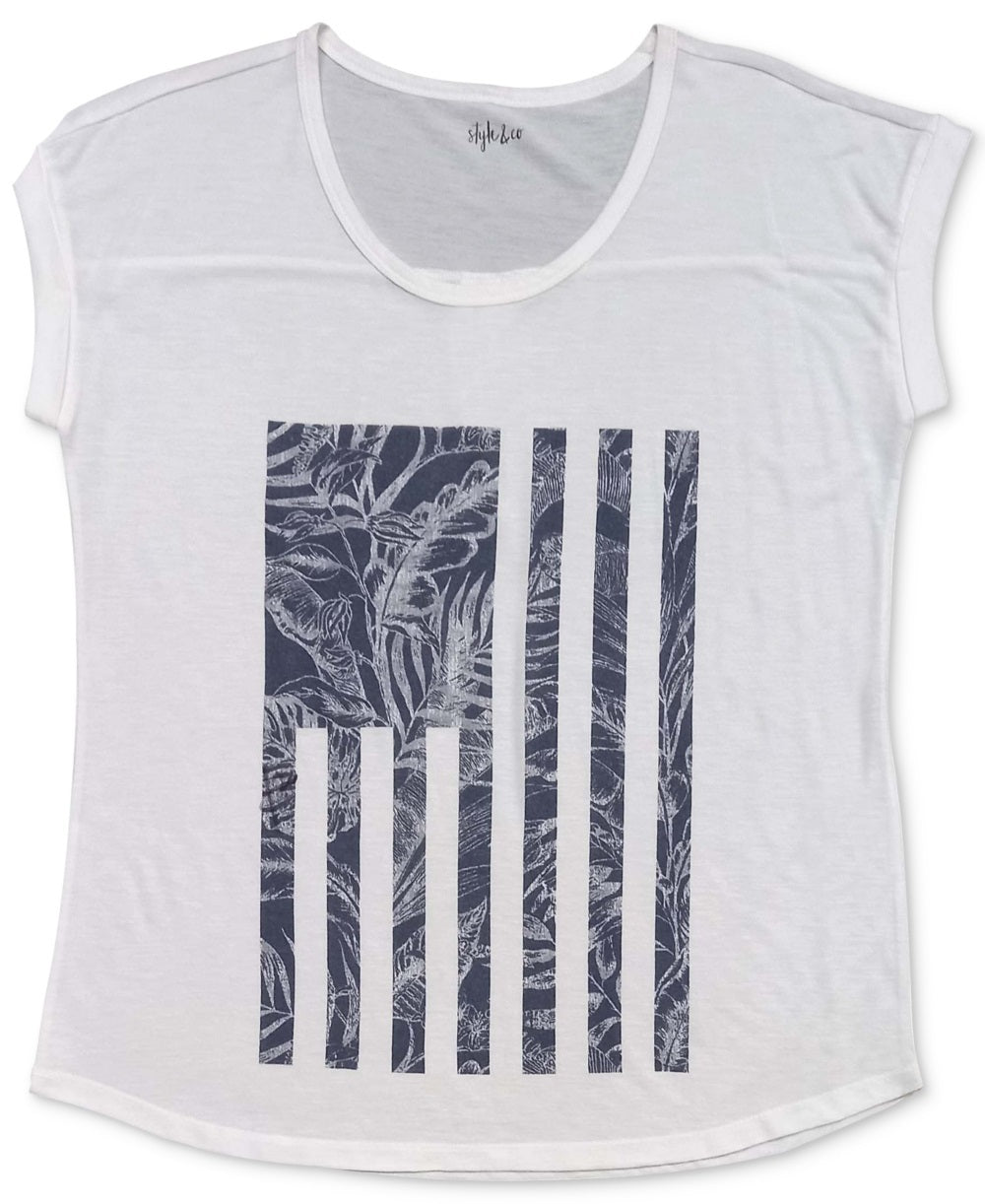 Camiseta feminina com estampa de bandeira tropical Style &amp; Co, branca, tamanho X-S