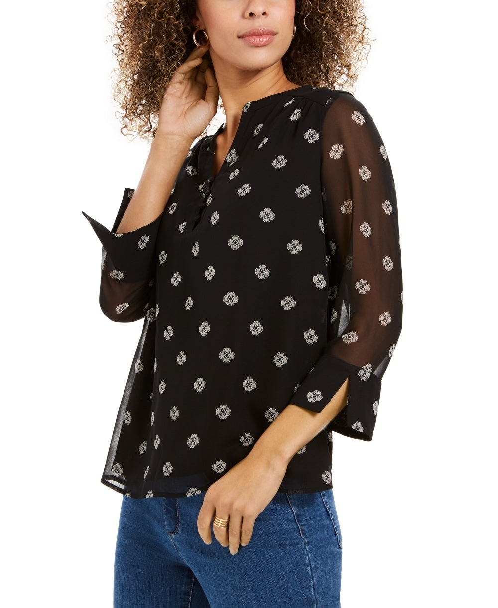 Blusa feminina Charter Club estampada com mangas divididas, preta, tamanho pequeno