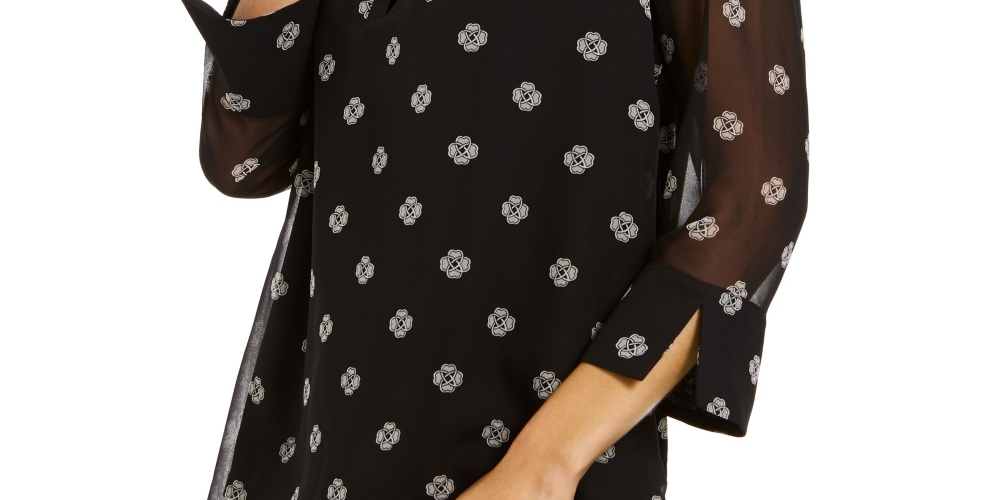 Blusa feminina Charter Club estampada com mangas divididas, preta, tamanho pequeno