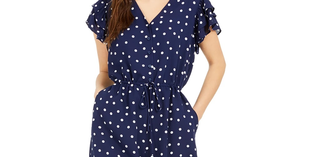 Macacão feminino Maison Jules com estampa de bolinhas e amarração na cintura, azul-marinho, tamanho extragrande