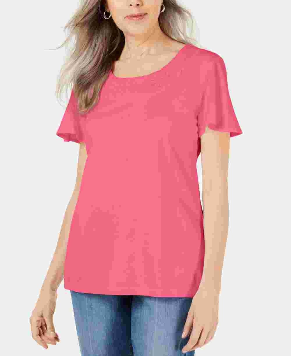 Camiseta feminina Karen Scott com gola trançada e manga curta, rosa, tamanho pequeno