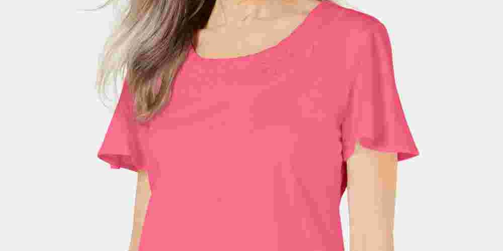 Camiseta feminina Karen Scott com gola trançada e manga curta, rosa, tamanho pequeno
