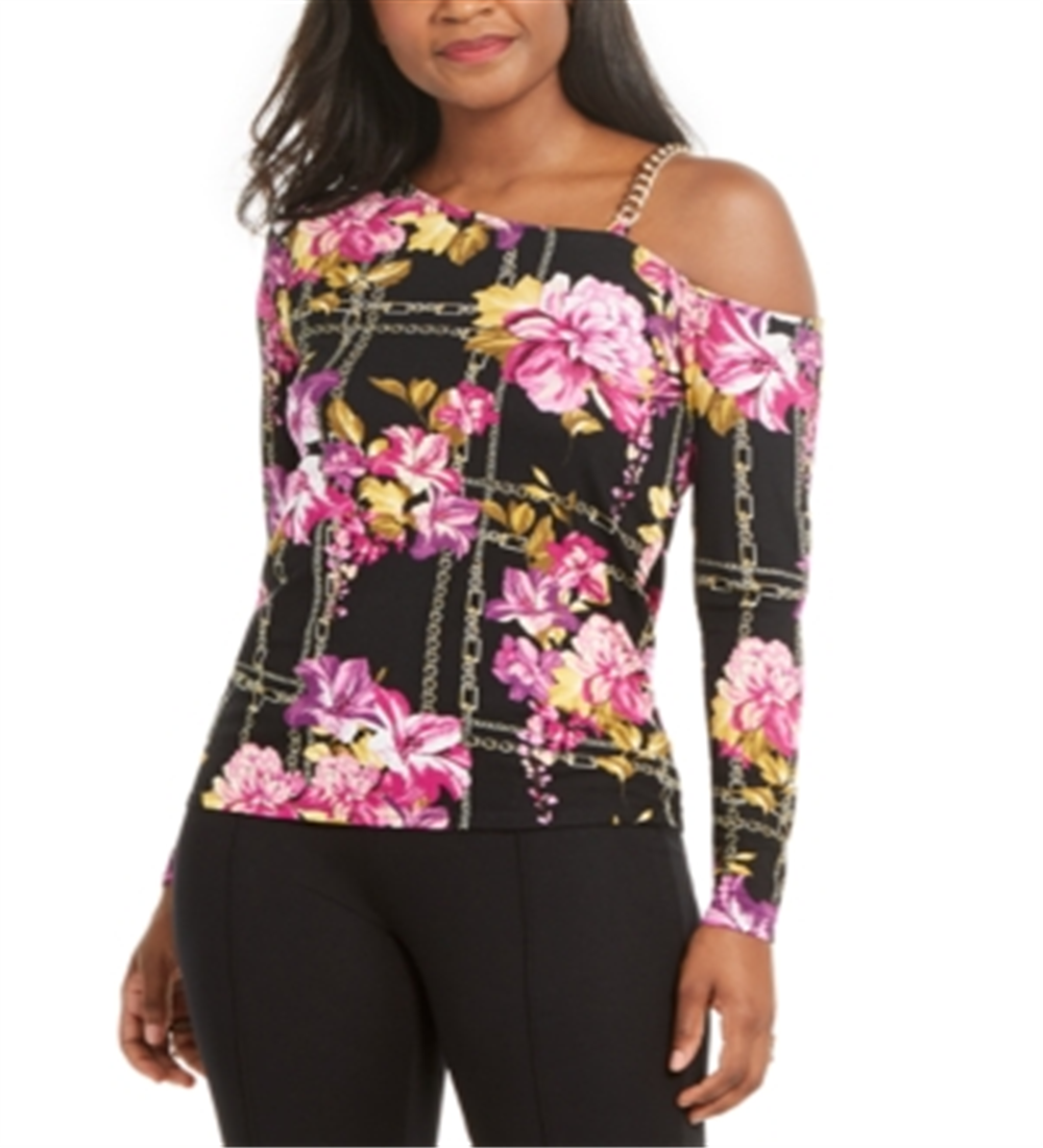 Thalia Sodi Top assimétrico estampado com elos de corrente feminino, preto, tamanho extragrande