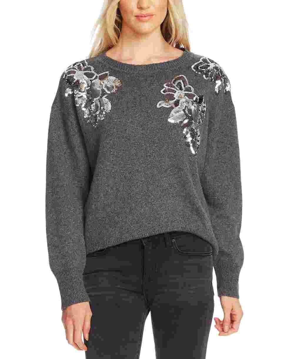 Suéter feminino Vince Camuto com lantejoulas e mistura de algodão floral, tamanho grande, carvão