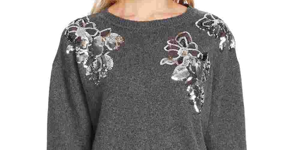 Suéter feminino Vince Camuto com lantejoulas e mistura de algodão floral, tamanho grande, carvão