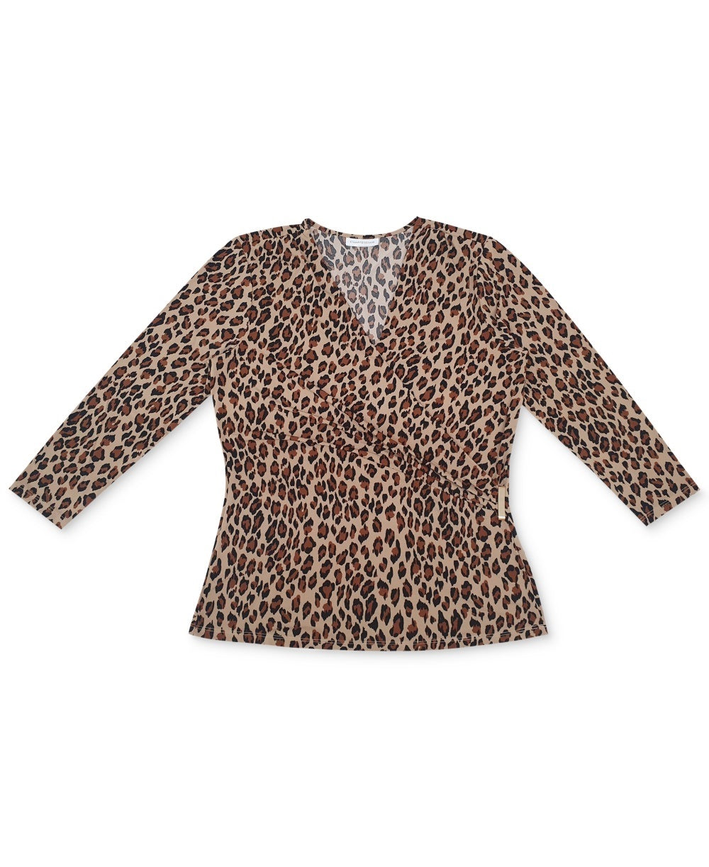 Blusa feminina Charter Club com manga 3/4 cruzada e decote em V, marrom, tamanho médio