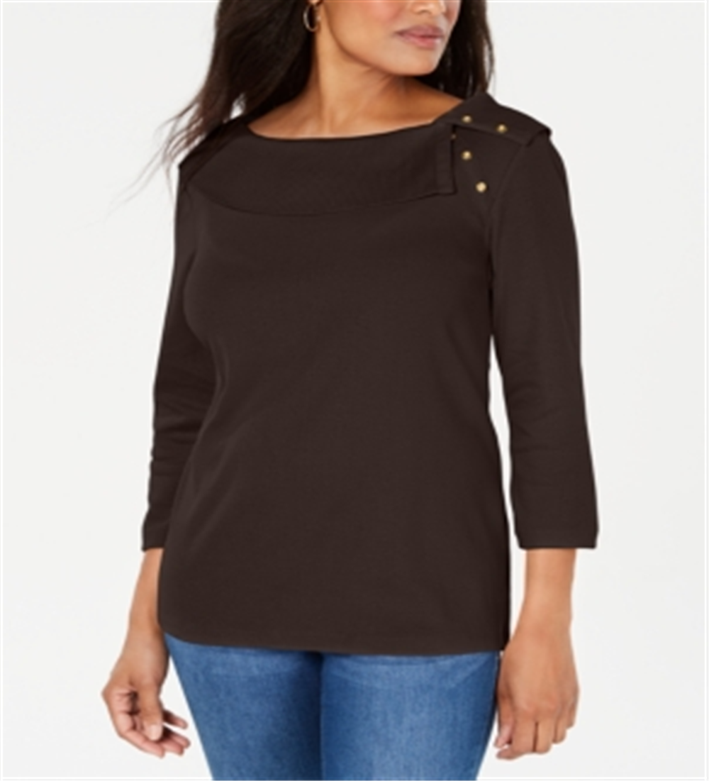 Blusa feminina Karen Scott com botões e gola xale de algodão, tamanho grande, chocolate