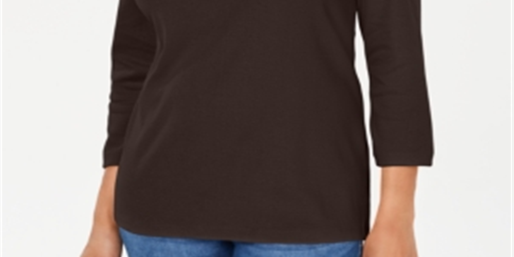 Blusa feminina Karen Scott com botões e gola xale de algodão, tamanho grande, chocolate