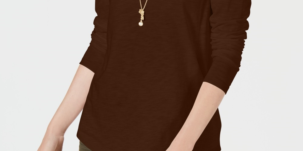 Blusa feminina de manga comprida e gola redonda estilo &amp; co, marrom, tamanho extragrande