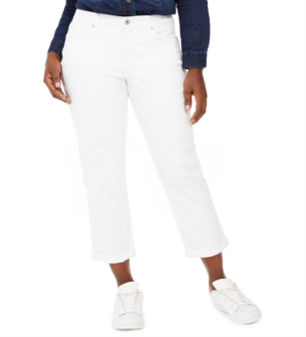 Calça jeans feminina estilo curvilíneo com punho e corte estilo namorada, branca, tamanho 2